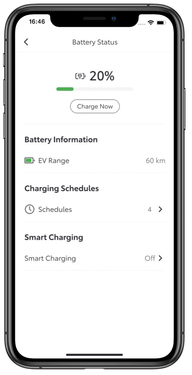 Phone screen showing battery status within the MyToyota app