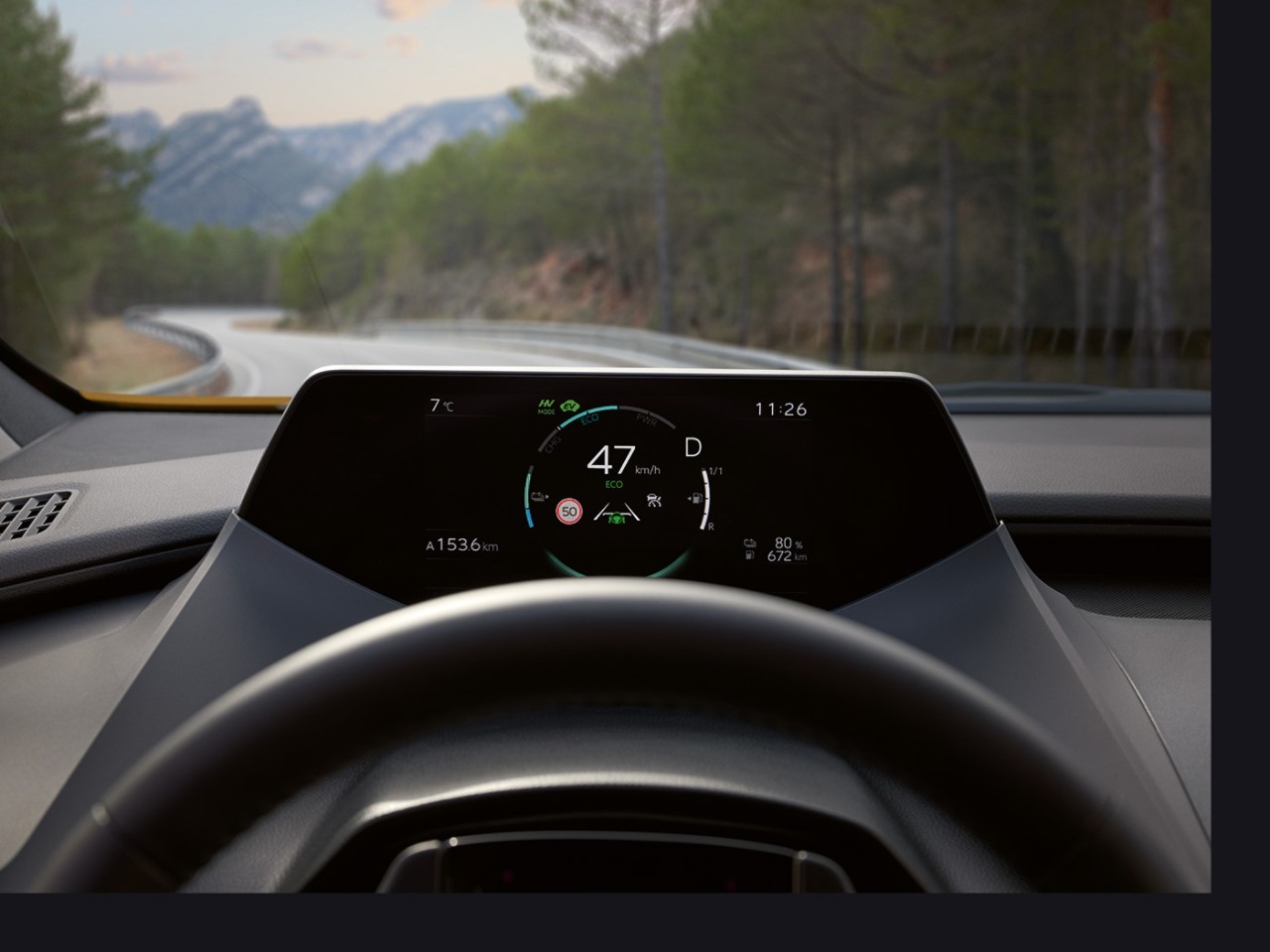 Inside of a Toyota Prius, showing the dashboard