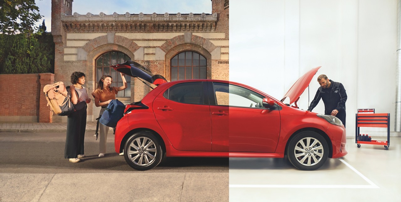 Split image – on one side Toyota owners enjoying their car, on the other Toyota maintenance team member performing some tests